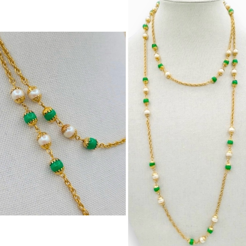 VINTAGE 22” Green Jade Gold & Faux Pearl Long Statement Necklace for Layering